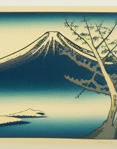 A painting of a snowy mountain with a tree in the foreground