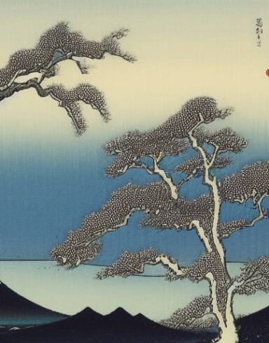 A painting of a snowy mountain with a tree in the foreground