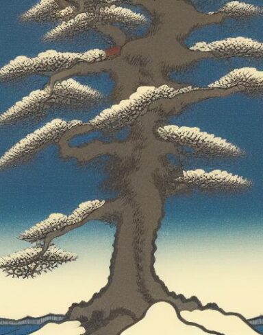A painting of a snowy mountain with a tree in the foreground