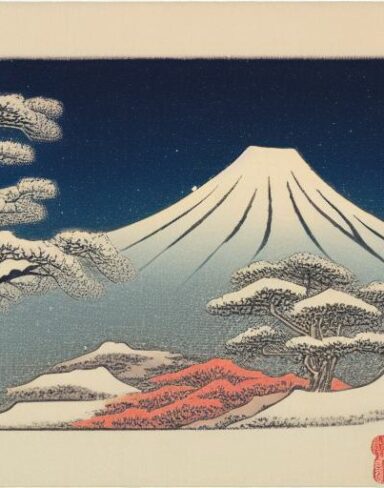 A painting of a snowy mountain with a tree in the foreground