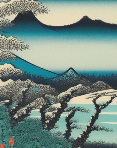 A painting of a snowy mountain with a tree in the foreground