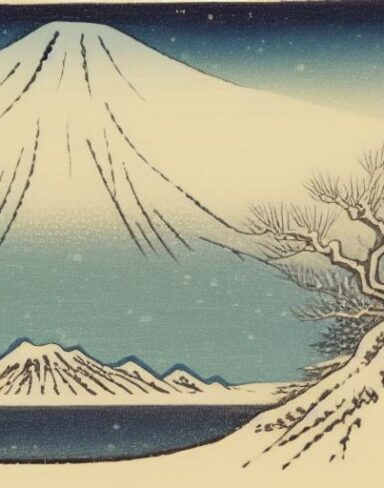A painting of a snowy mountain with a tree in the foreground