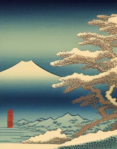 A painting of a snowy mountain with a tree in the foreground