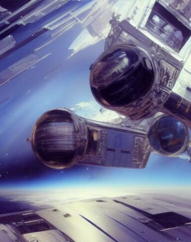 A painting of a space station in the background