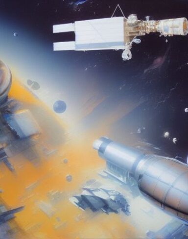 A painting of a space station with astronaut in the background