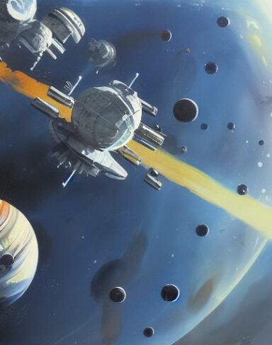 A painting of a space station with planets in the background