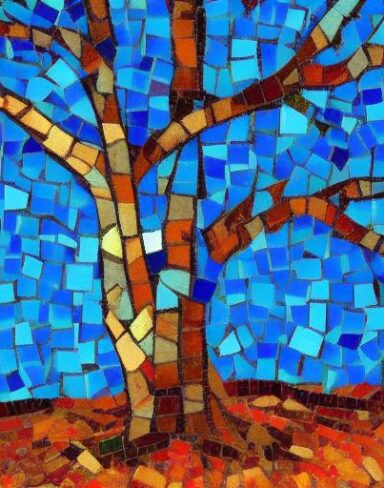 A painting of a tree with a blue sky in the background