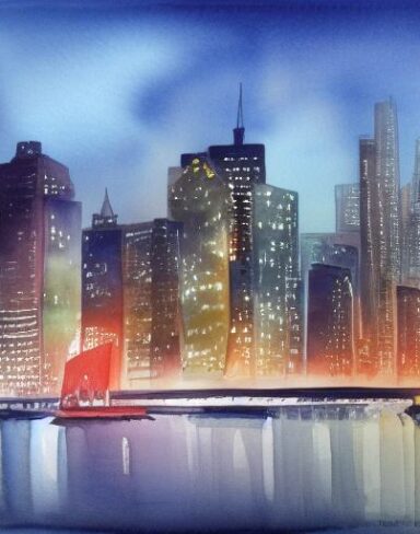 A painting of a view of a city and buildings at night