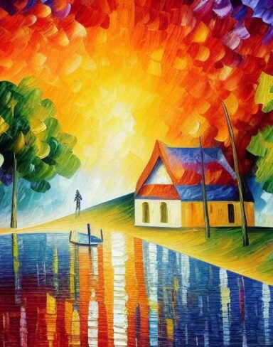 A painting of a village near river