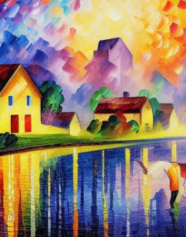 A painting of a village near river