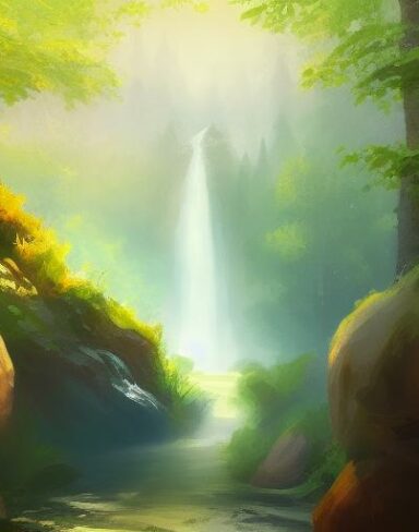A painting of a waterfall in a forest