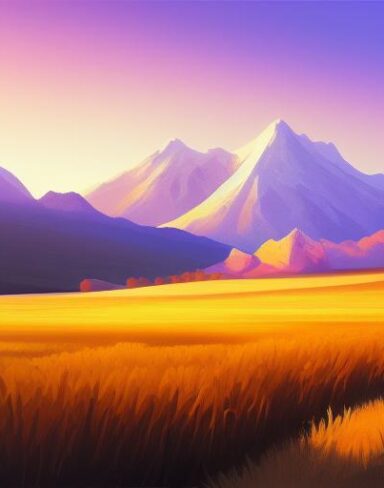 A painting of a wheat field with snow mountains in the sunset background