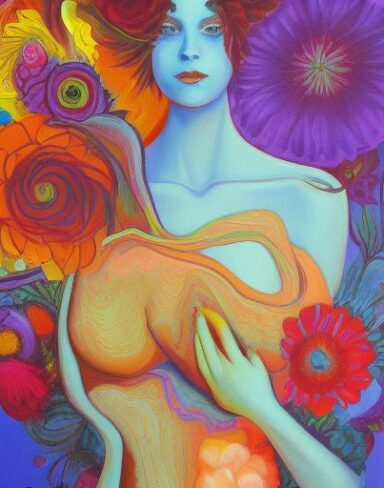 A painting of a woman and with flowers