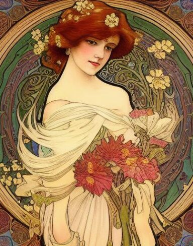 A painting of a woman holding a flowers