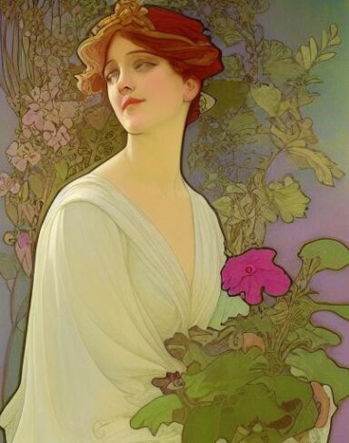 A painting of a woman holding a flowers