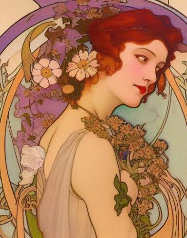 A painting of a woman holding a flowers