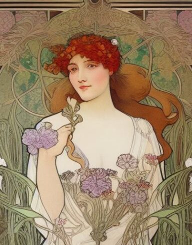 A painting of a woman holding a flowers