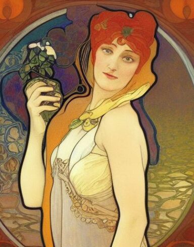 A painting of a woman holding bottle
