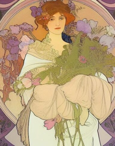 A painting of a woman holding flowers