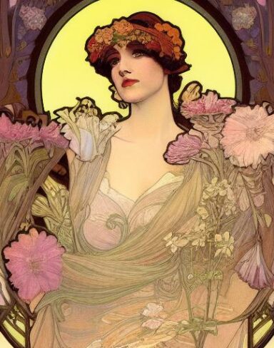 A painting of a woman holding flowers
