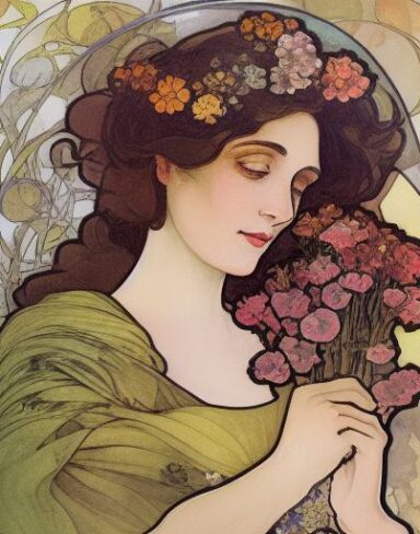 A painting of a woman holding flowers