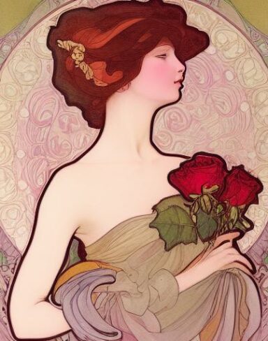 A painting of a woman holding rose