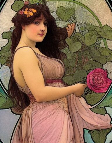 A painting of a woman holding rose