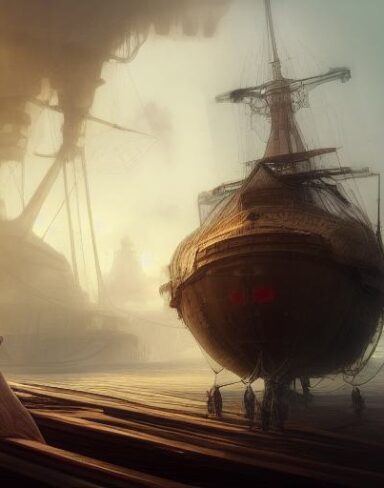 A painting of a woman standing near a giant ship