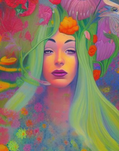 A painting of a woman surrounded by pretty flowers