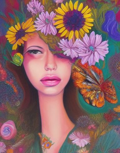 A painting of a woman surrounded by pretty flowers