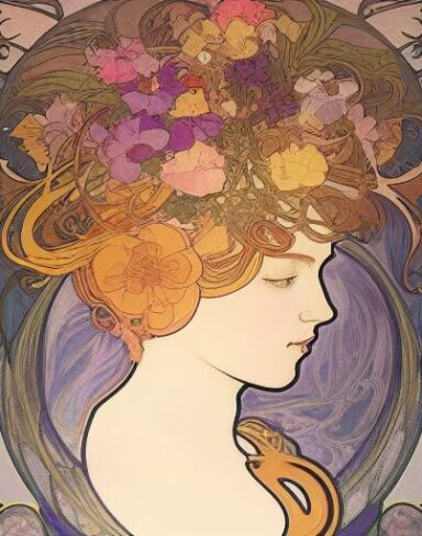 A painting of a woman with flower in her hair