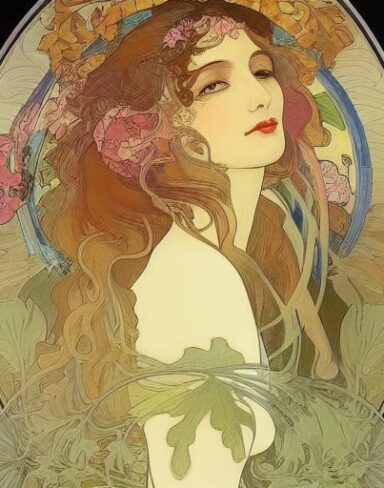 A painting of a woman with flowers and plants in her hair