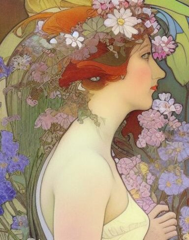 A painting of a woman with flowers and plants in her hair