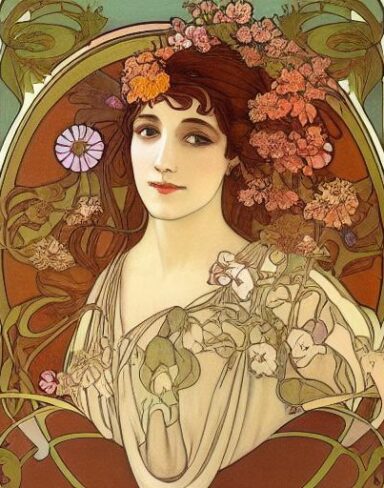 A painting of a woman with flowers in her brown hair