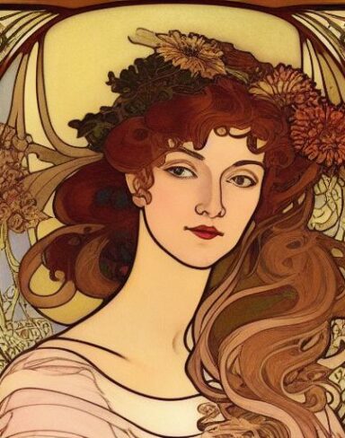 A painting of a woman with flowers in her brown hair