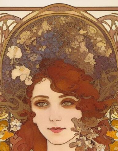 A painting of a woman with flowers in her brown hair