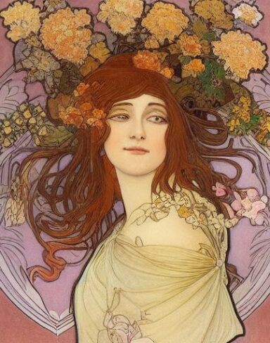 A painting of a woman with flowers in her brown hair
