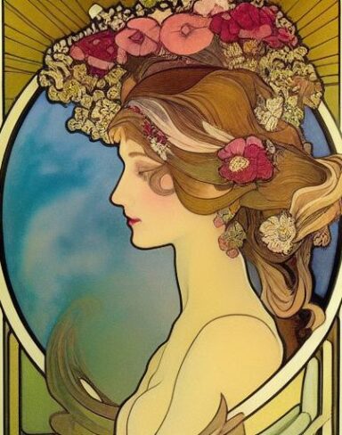 A painting of a woman with flowers in her hair