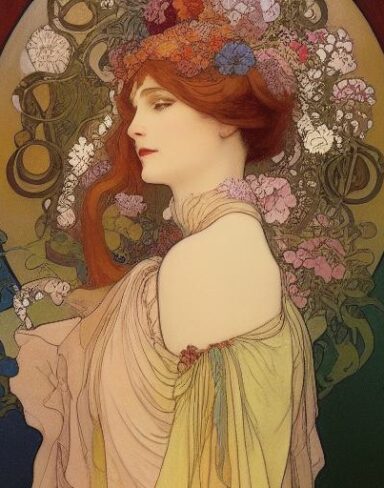 A painting of a woman with flowers in her hair