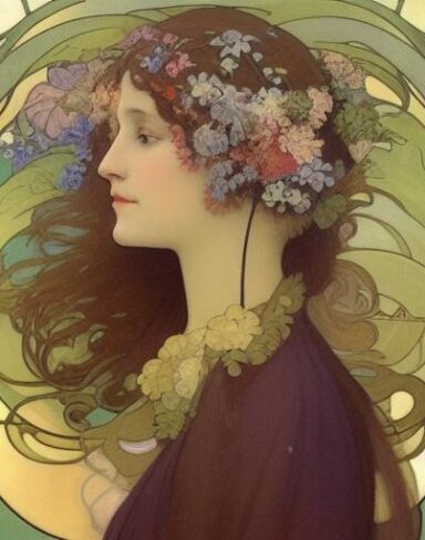 A painting of a woman with flowers in her hair
