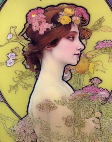A painting of a woman with flowers in her hair