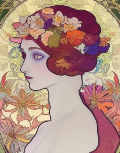 A painting of a woman with flowers in her hair