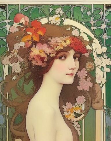 A painting of a woman with flowers in her hair