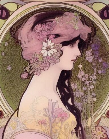 A painting of a woman with flowers in her hair