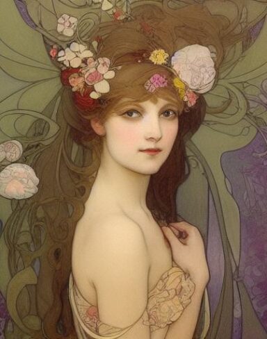A painting of a woman with flowers in her hair