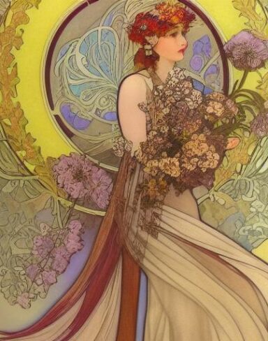 A painting of a woman with flowers in her hair