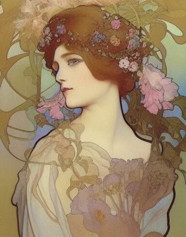 A painting of a woman with flowers in her hair