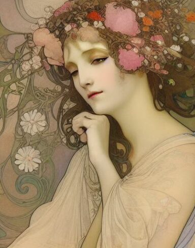 A painting of a woman with flowers in her hair