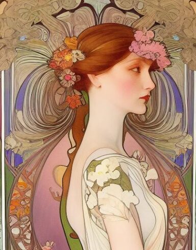 A painting of a woman with flowers in her hair