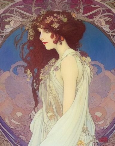 A painting of a woman with flowers in her hair